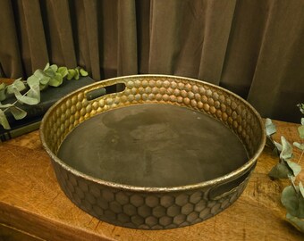 Vintage Round Metal Tray | Honeycomb Hobnail Texture | Dark Bronze Gold Finish | 14” Decorative