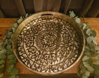 Vintage Mirrored Medallion Serving Tray | Damask Scrollwork | Distressed Wood Border | 16”
