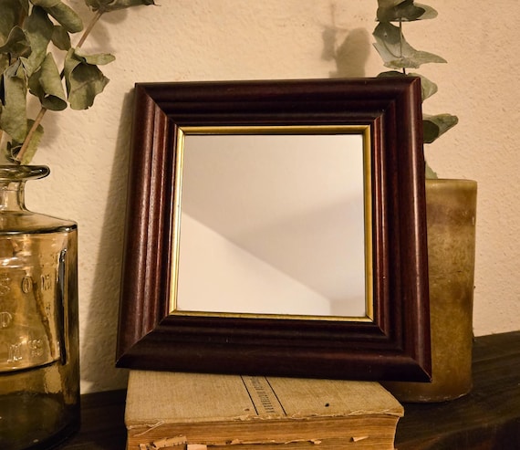 Vintage Mahogany Wood Square Wall Mirror | Gold Inner Liner | Dark Wood Frame | Vanity Mirror | Moody Home Decor
