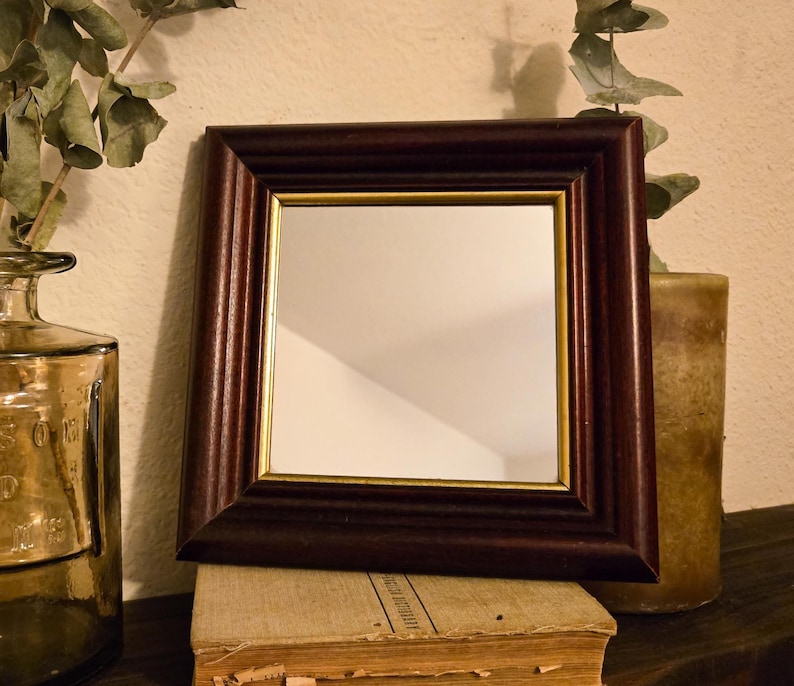 Vintage Mahogany Wood Square Wall Mirror | Gold Inner Liner | Dark Wood Frame | Vanity Mirror | Moody Home Decor zdjęcie 1