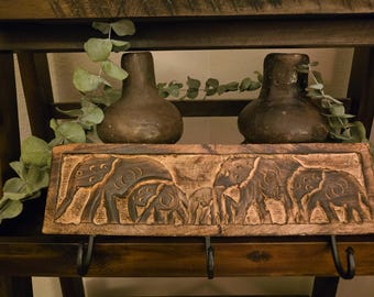 Vintage Carved Wood Elephant Wall Hook Rack | 3 Hooks | Mango Wood | Global Folk Art Décor