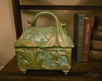 Vintage Majolica Style Ceramic Lidded Box | Art Nouveau Acanthus Scroll Relief
