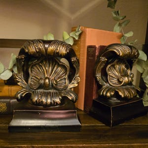 Vintage Baroque Shell Scroll Bookends | Rococo Style Pair | Antique Bronze & Gold Finish | Resin Statement Décor