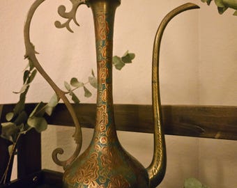 Vintage Indian Brass Aftaba Ewer | Mughal Style, Hand Engraved Color Fill, Dit Punched  1313B