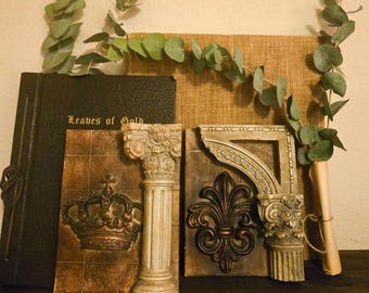 Vintage Architectural Wall Plaque Set | Crown & Fleur de Lis | Corinthian Column | Old World Medieval Décor