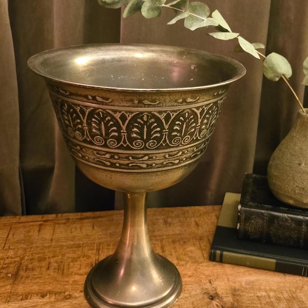 Vintage Large Footed Chalice Goblet | Engraved Palmette Band | Silver & Brass | Dark Academia Decor