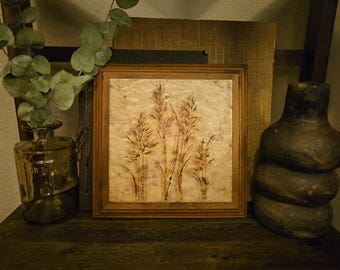 Vintage Wheat Botanical Stone Tile Wall Art | Wood Frame | Pyrography Style | Clay & Wheat Decor