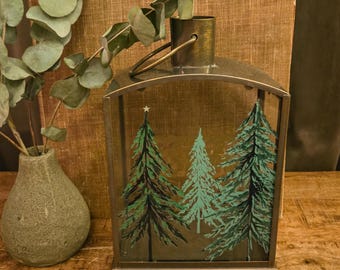 Brass Tone Glass Lantern | Painted Pine Forest Candle Holder Hinged Door