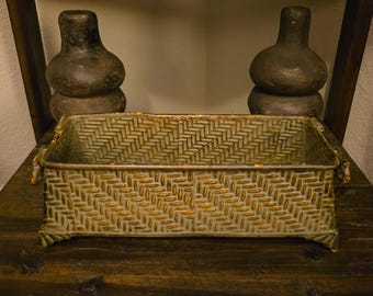 Vintage Embossed Metal Basketweave Planter Tray | Ring Handles Distressed Green