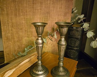 Vintage Pewter Fluted Taper Candlestick Pair | Beaded Rim | Georgian Neoclassical | Silver Column Candle Holders