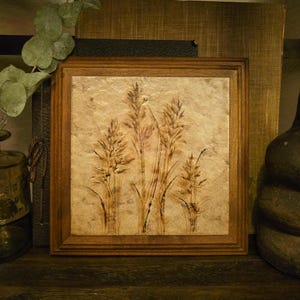 Vintage Wheat Botanical Stone Tile Art | Wood Frame | Pyrography Style | Clay & Wheat Decor