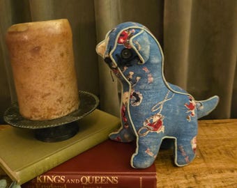 Vintage Handmade Cowboy Print Stuffed Dog | Western Lasso Fabric Toy Plush Folk Art