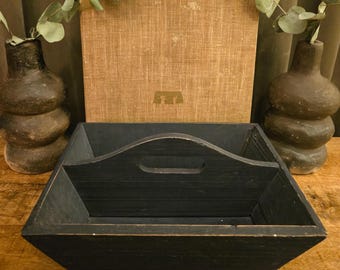 Vintage Dark Blue Wood Tote Caddy | Divided Center Handle Farmhouse Carrier