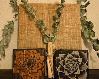 Vintage Wood Lotus Panel Set of 2 | Painted & Pyrography | Boho Wall Decor | Dark Maximalist