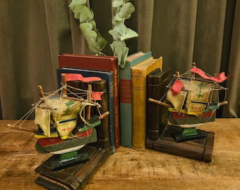 Vintage Drake Galleon Folk Art Bookends | Handcrafted Wood Ship | Maritime | Dark Academia Décor