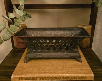 Vintage Metal Lattice Basket | Woven Crosshatch Design | Footed Magazine Holder | Dark Patina Décor Tray