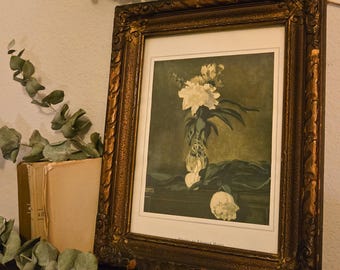 Vintage "Pivoines" Edouard Manet Print | Carved Gilt Frame | Impressionist Floral | Dark Moody Art