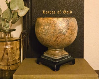 Vintage Gold Gilt Pedestal Bowl | Distressed Black Footed Urn | Altar Bowl