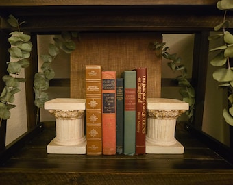 Vintage Corinthian Column Pedestal Pair | Cast Stone | Gold Capital | Bookends | Dark Academia