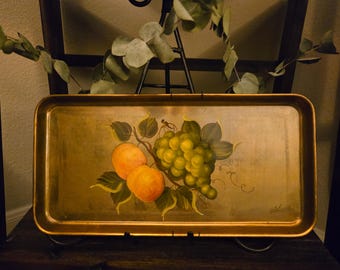Vintage Gold Leaf Toleware Tray | Hand Painted Peaches Grapes Signed Artist