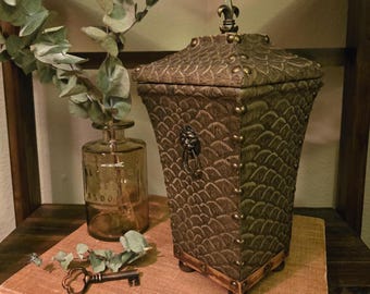 Vintage Gothic Dragon Scale Treasure Casket | Lion Ring Handles | Fleur de Lis Finial | Brass Studded Lidded Box