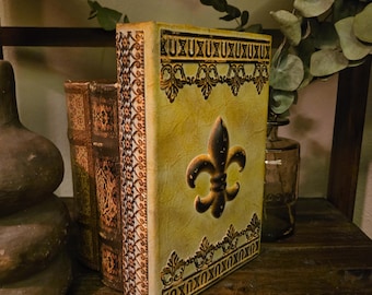 Boîte à livres vintage à motif fleur de lys en relief | Design or vieilli et noir | Rangement secret | Fausse boîte à livres doublée de velours | Décoration gothique