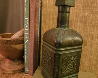 Vintage Tooled Leather-Look Wrapped Glass Decanter | Embossed Floral Bottle
