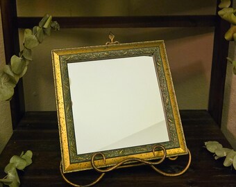 Vintage Gold Teal Speckled Mirror | Carved Floral Square Wall Mirror