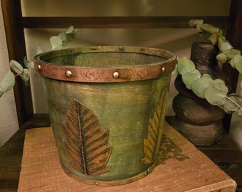 Vintage Green Wood Leaf Bucket Planter | Copper Tone Studded Band Wastebasket