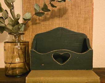 Vintage Green Wood Heart Letter Holder | Distressed Country Mail Organizer