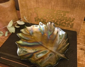 Vintage Iridescent Green Glass Leaf Dish | Rainbow Luster Trinket Catchall