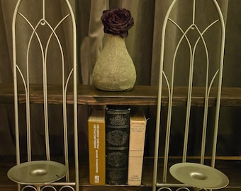 Vintage Gothic Cathedral Arch Wall Sconces Pair | Champagne Gold Metal | Lancet Window | Candle Holder Set | Castle Décor