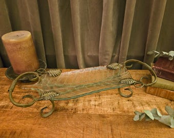 Vintage Leaf Shaped Glass Tray | Scroll Metal Handles Old World Décor