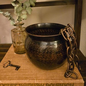 Vintage Dark Patinated Copper Toned Cauldron Vessel | Hammered Dimple Texture | Bulbous Witch Cauldron | Moody Home Decor