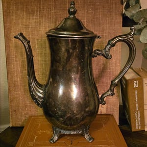 Vintage WM Rogers 800 Silverplate Coffee  Tea Pot | Victorian Scroll Spout, Acorn Finial, Patinated