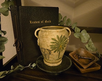 Vintage Cast Stone Elephant Palm Tree Urn Vase | Painted Safari | Loop Handles | Global Décor
