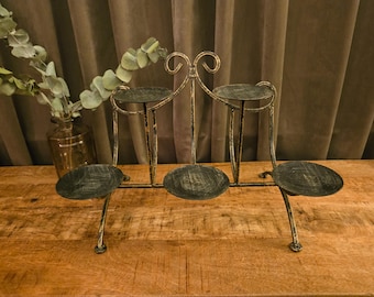 Vintage 2-Tier Scroll Candle Holder Centerpiece | Distressed Black Gold Metal