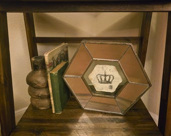 Vintage Hexagonal Mirror | Crown French Script Insert | Aged Spotted Glass | Dark Maximalist