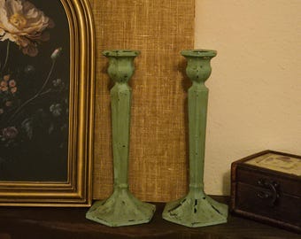 Vintage Painted Green Glass Candlestick Holders | Art Deco Hexagonal Pair