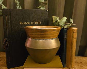 Vintage Stoneware Ceramic Vessel | Dual Glaze | Volcanic Texture Band | Amber Bronze | Dark Décor