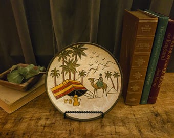 Vintage Mother of Pearl Camel Caravan Wall Plate | Hand Painted Relief | Brass Back | Folk Art