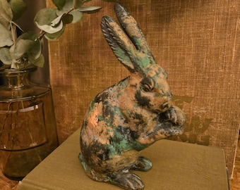 Antique Cast Metal Rabbit Sculpture | Verdigris Gold Patina Folk Art Statue