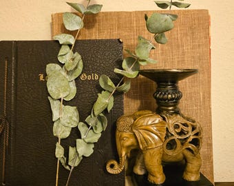 Vintage Elephant Pillar Candle Holder | Pierced Jali Filigree | Ivory Composite | Hollywood Regency