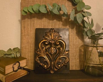 Vintage Baroque Acanthus Scroll Wall Plaque | Openwork Relief | Dark Gold | Gothic Victorian Decor