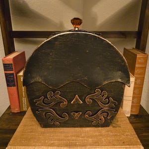 Vintage Arched Metal Box | Amber Crystal Knob | Pierced Scrollwork | Gothic Dark Academia Keepsake Box