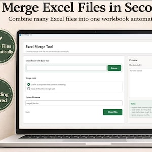 May include: A laptop screen shows the Excel Merge Tool interface. The text on the screen reads "Merge Excel Files in Seconds" and "Combine many Excel files into one workbook automatically." The interface includes options for file selection and merging.