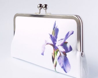 lilac clutch bag, wedding purse, personalised mother of the bride gift purse with purple iris flower