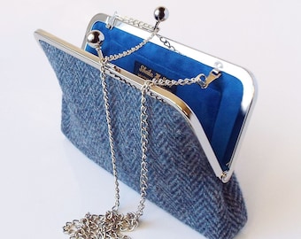 clutch bag, grey Harris Tweed bag, evening bag with cobalt blue lining, personalised purse