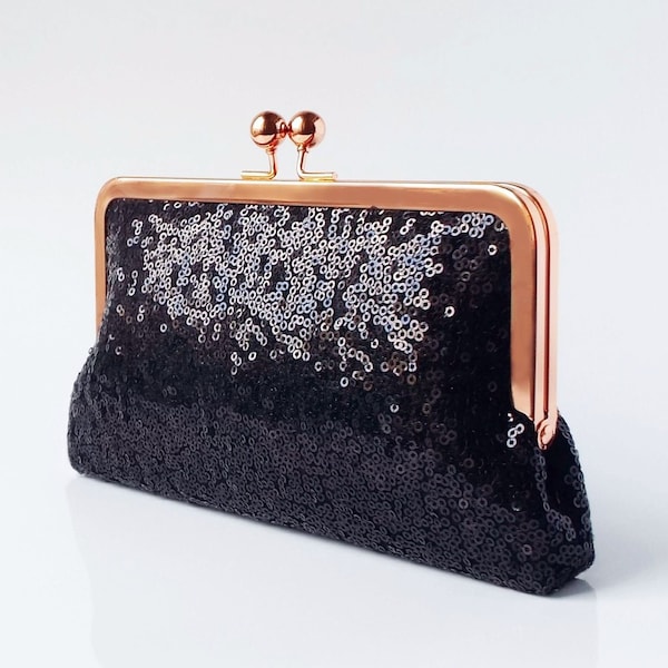 evening clutch, rose gold sequin clutch purse, sparkly purse in black with personalisation