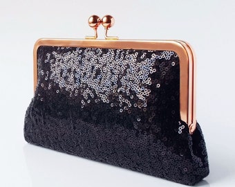 evening clutch, rose gold sequin clutch purse, sparkly purse in black with personalisation